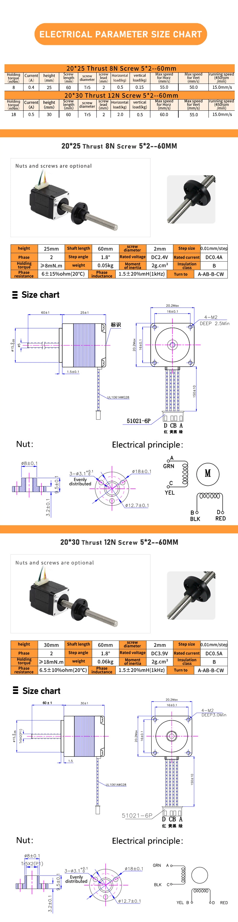 20mm Size NEMA 8 Linear Stepper Motor China Umot Lead Screw 3/16" 1/4"